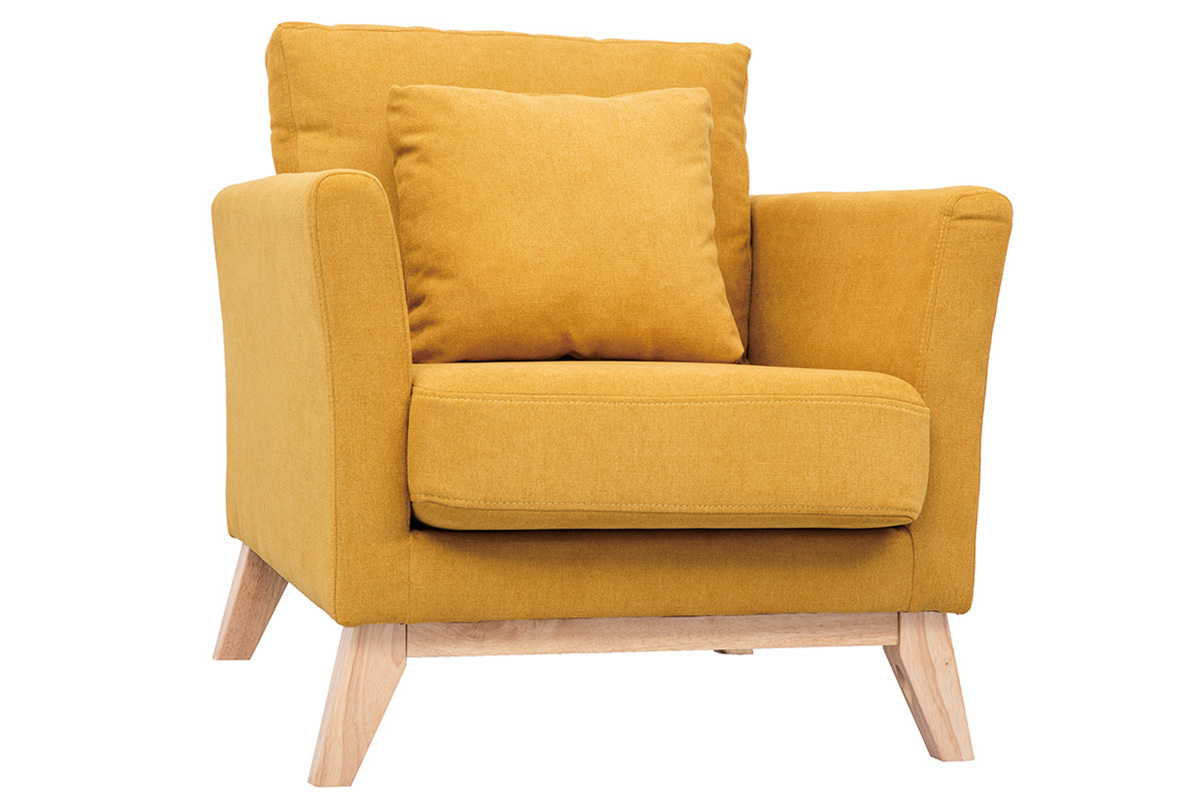 Fauteuil scandinave dhoussable en tissu effet velours jaune moutarde et bois clair OSLO