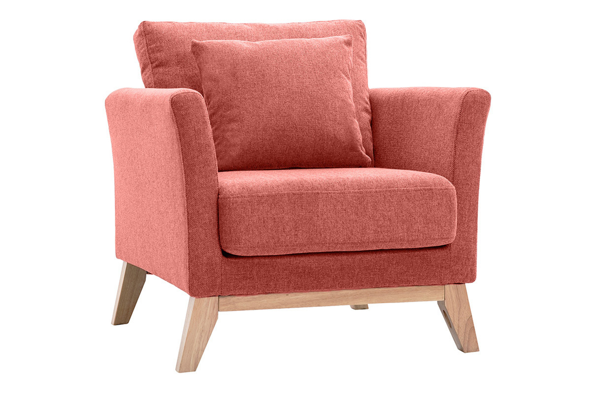 Fauteuil scandinave dhoussable en tissu effet velours textur terracotta et bois clair OSLO