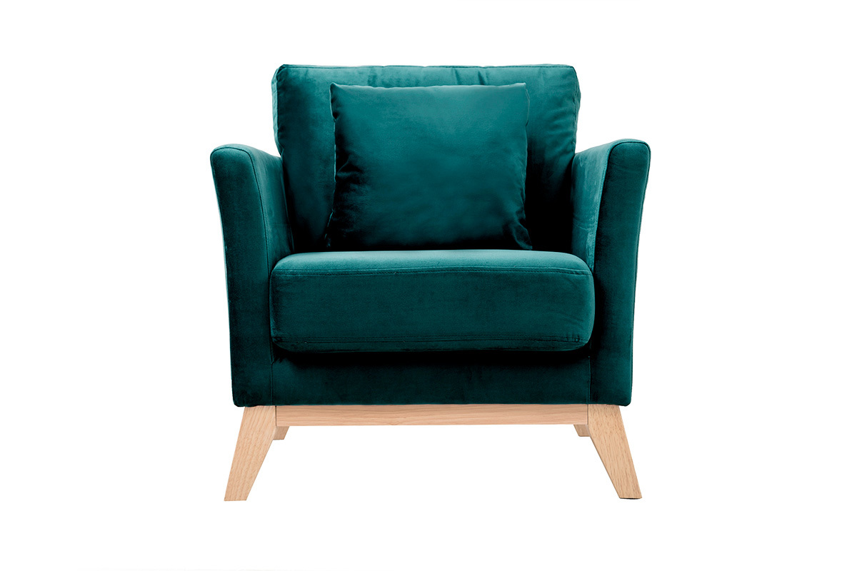 Fauteuil scandinave dhoussable en tissu velours bleu ptrole et bois clair OSLO