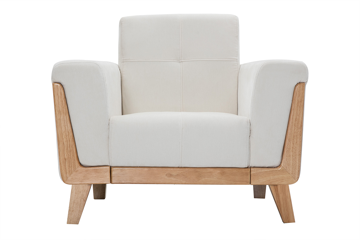 Fauteuil scandinave en tissu blanc cass et bois clair FJORD