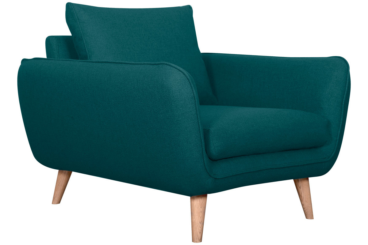 Fauteuil scandinave en tissu bleu paon et bois clair CREEP