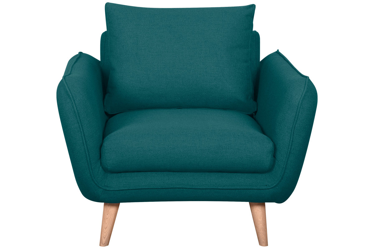 Fauteuil scandinave en tissu bleu paon et bois clair CREEP