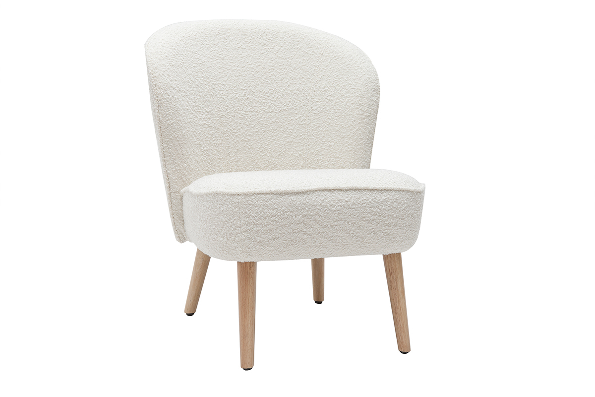 Fauteuil scandinave en tissu effet laine boucle blanc cass et bois clair AMANITA