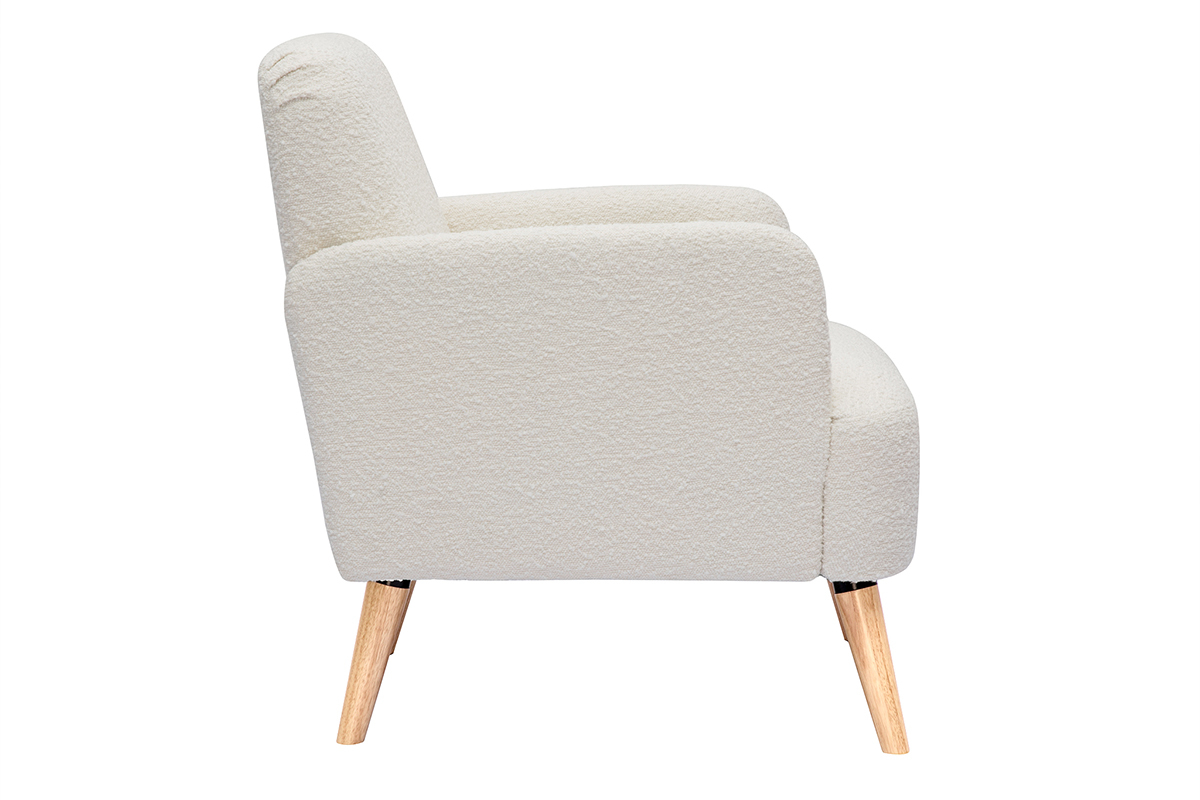 Fauteuil scandinave en tissu effet laine boucle blanc cass et bois clair ISKO