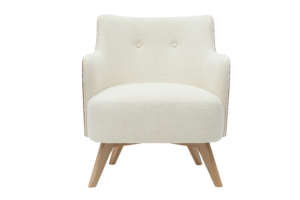 Fauteuil scandinave en tissu effet laine boucle blanc cass et bois clair VALMY