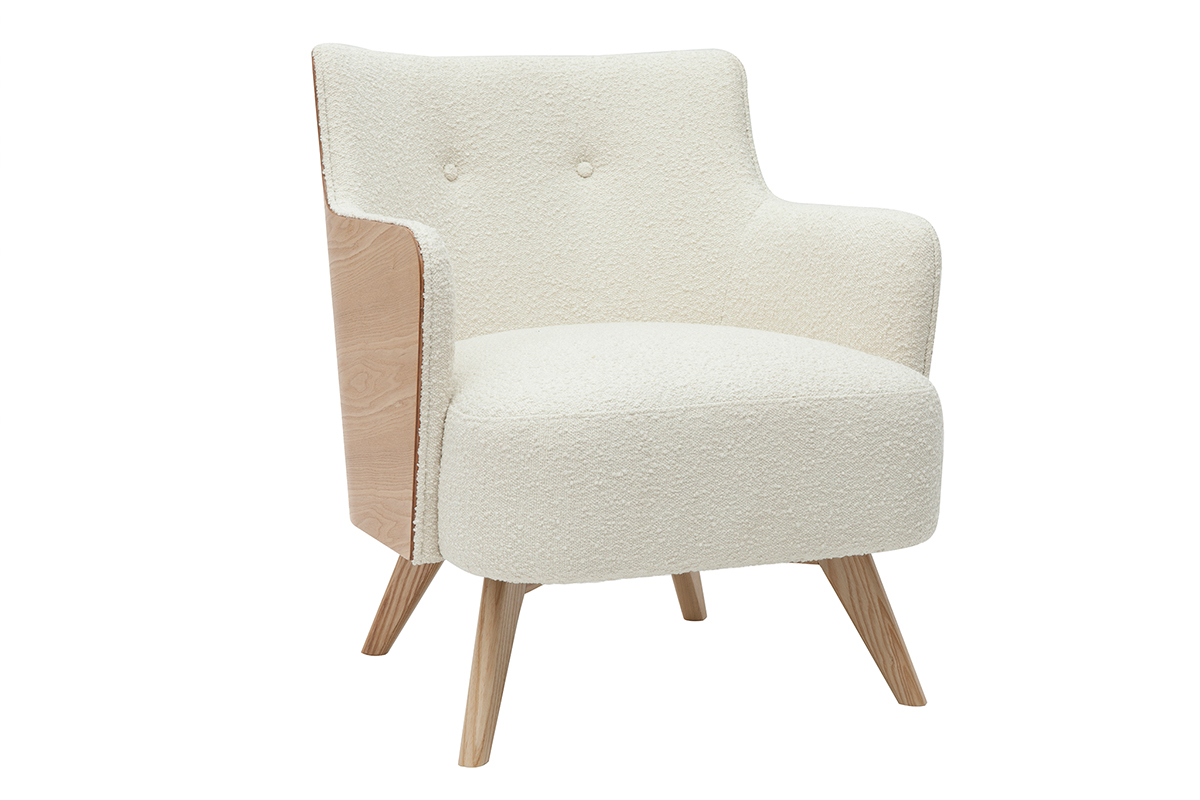 Fauteuil scandinave en tissu effet laine boucle blanc cass et bois clair VALMY