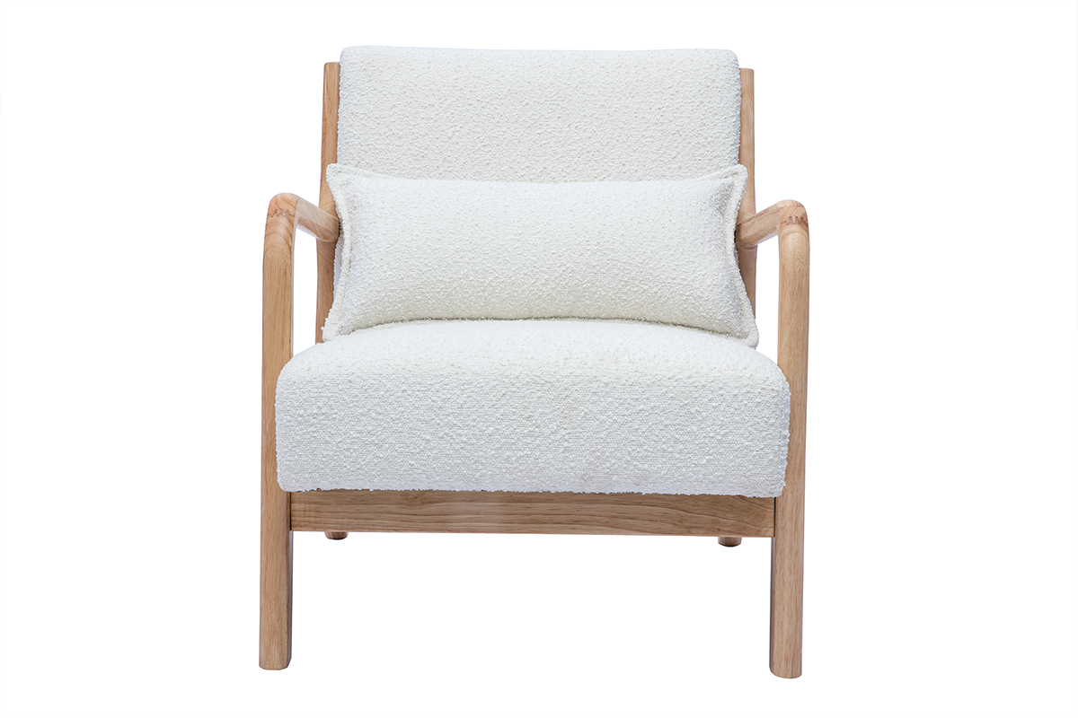 Fauteuil scandinave en tissu effet laine boucle blanc et bois clair massif DERRY