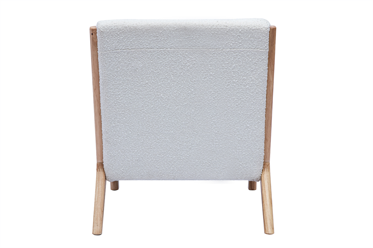 Fauteuil scandinave en tissu effet laine boucle blanc et bois clair massif DERRY