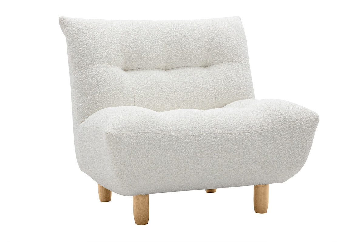 Fauteuil scandinave en tissu effet laine boucle blanc et bois clair YUMI