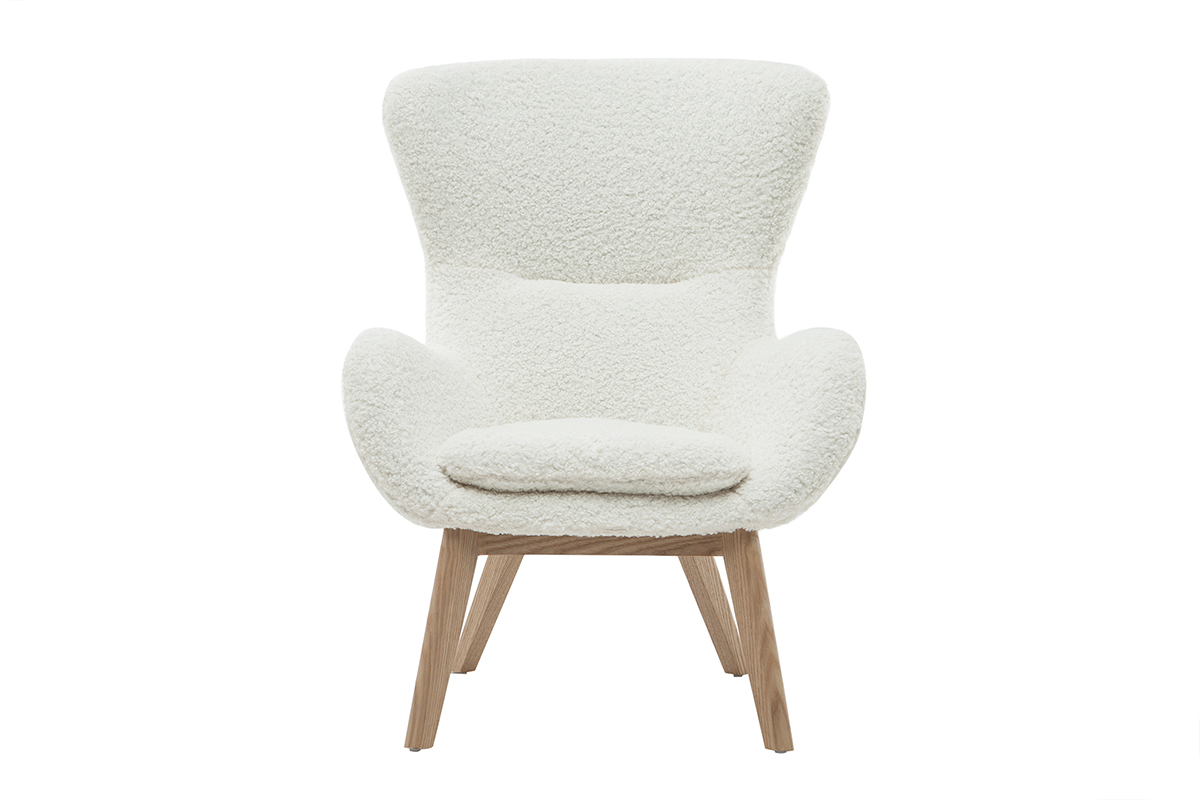 Fauteuil scandinave en tissu effet peau de mouton blanc et bois clair ESKUA