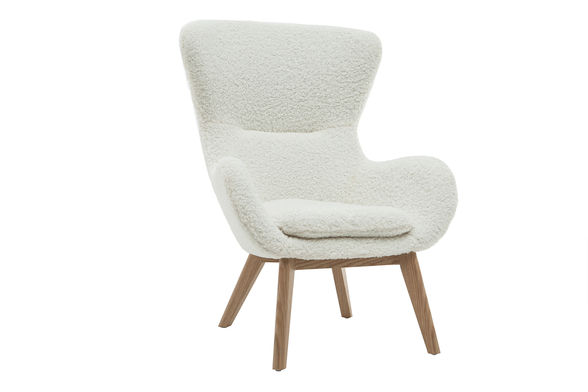 Fauteuil scandinave en tissu effet peau de mouton blanc et bois clair ESKUA