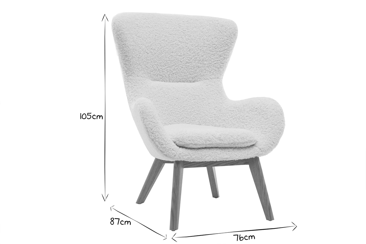 Fauteuil scandinave en tissu effet peau de mouton blanc et bois clair ESKUA