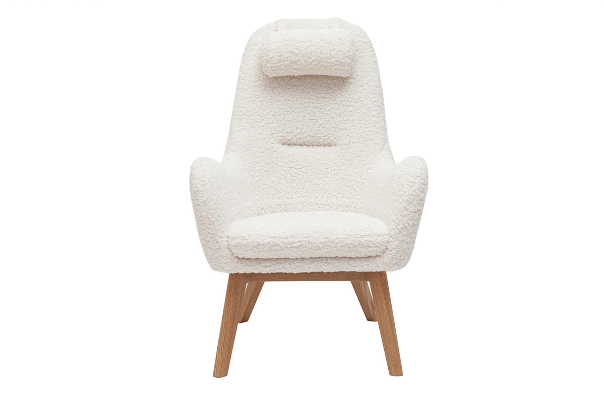 Fauteuil scandinave en tissu effet peau de mouton blanc et bois clair MANIA