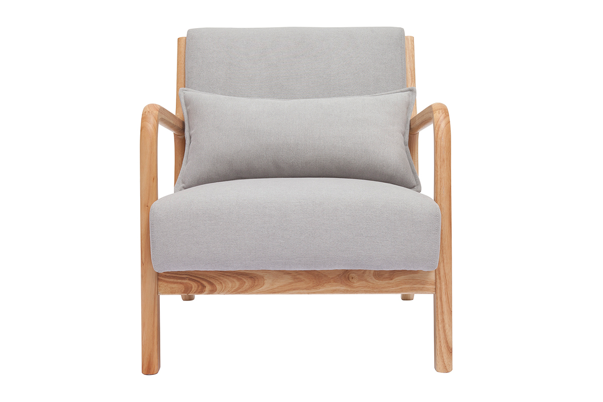 Fauteuil scandinave en tissu effet velours gris clair et bois clair massif DERRY