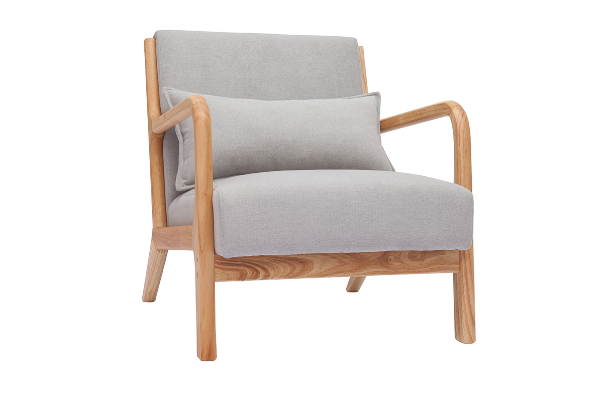 Fauteuil scandinave en tissu effet velours gris clair et bois clair massif DERRY