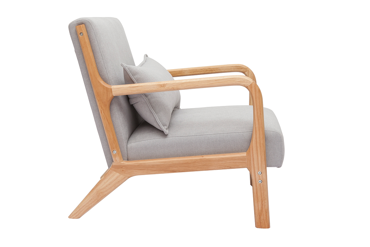 Fauteuil scandinave en tissu effet velours gris clair et bois clair massif DERRY