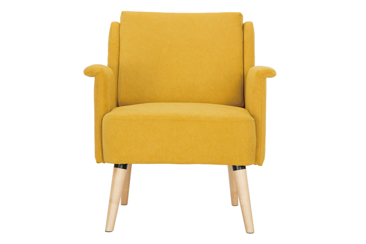 Fauteuil scandinave en tissu effet velours jaune moutarde et bois clair AEOLA