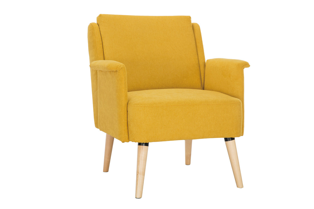 Fauteuil scandinave en tissu effet velours jaune moutarde et bois clair AEOLA