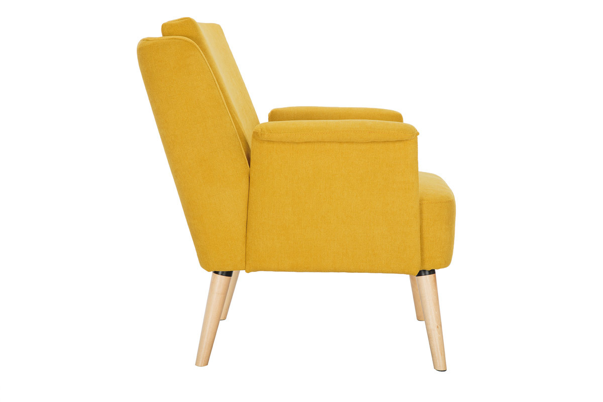 Fauteuil scandinave en tissu effet velours jaune moutarde et bois clair AEOLA