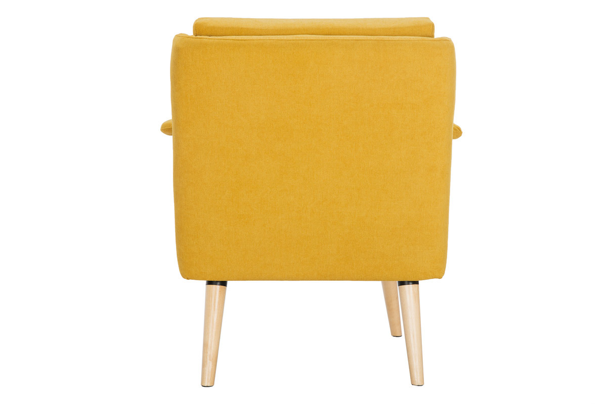 Fauteuil scandinave en tissu effet velours jaune moutarde et bois clair AEOLA