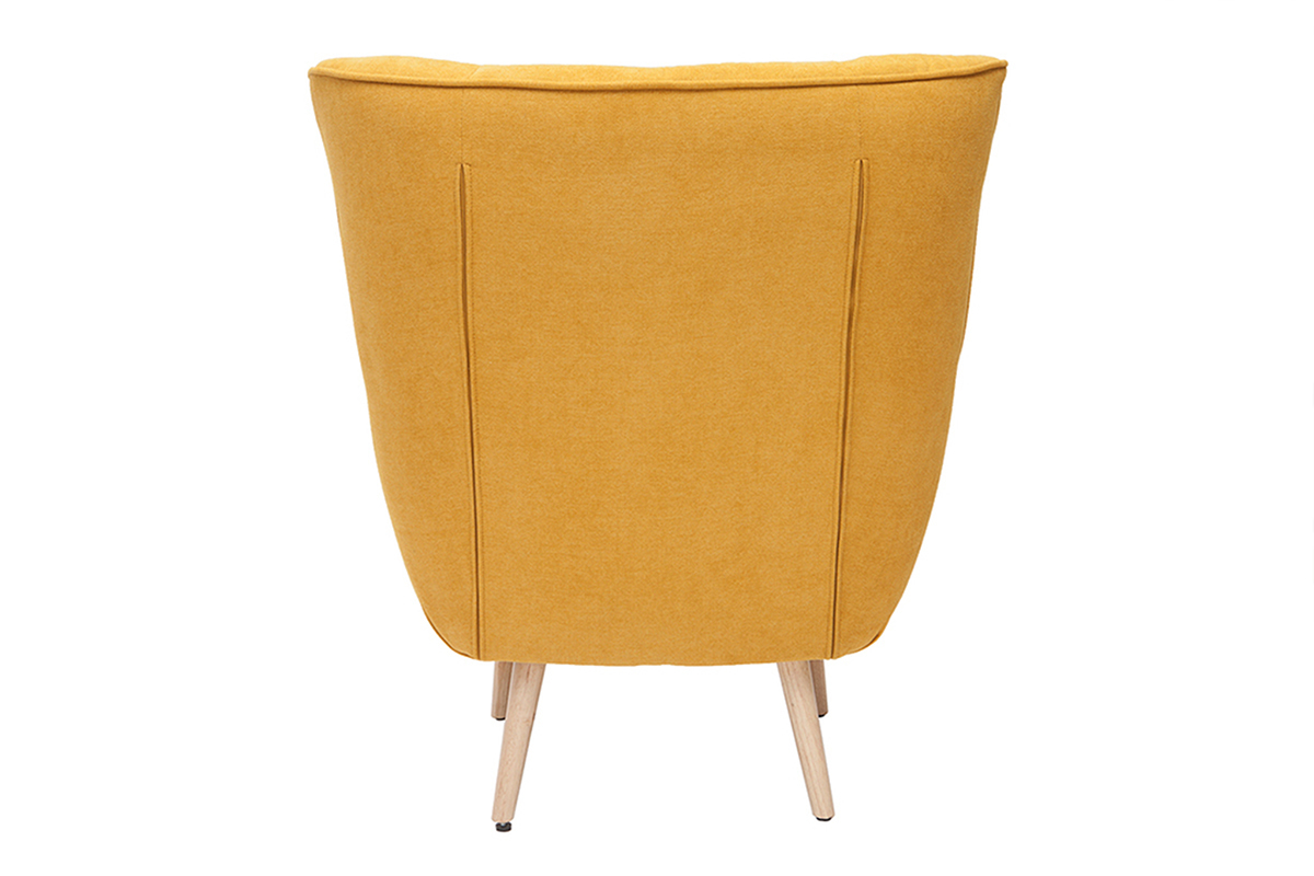 Fauteuil scandinave en tissu effet velours jaune moutarde et bois clair AVERY