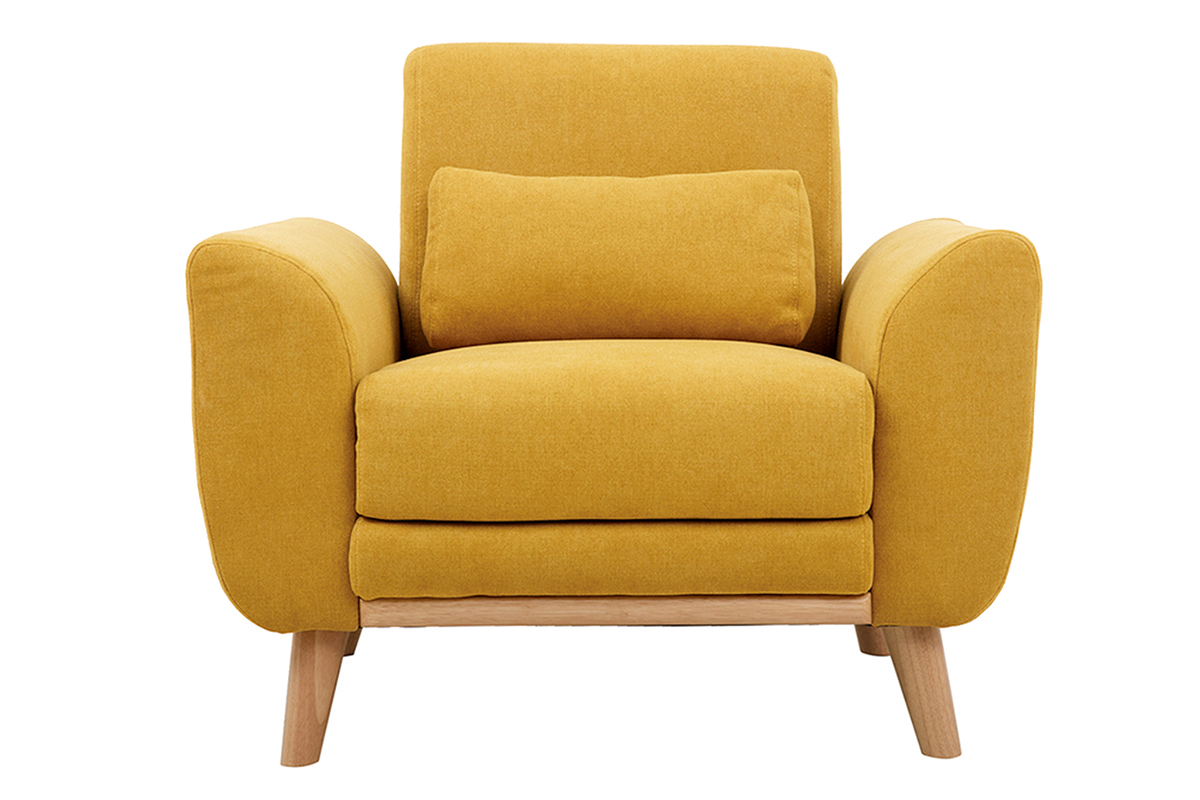 Fauteuil scandinave en tissu effet velours jaune moutarde et bois clair  EKTOR