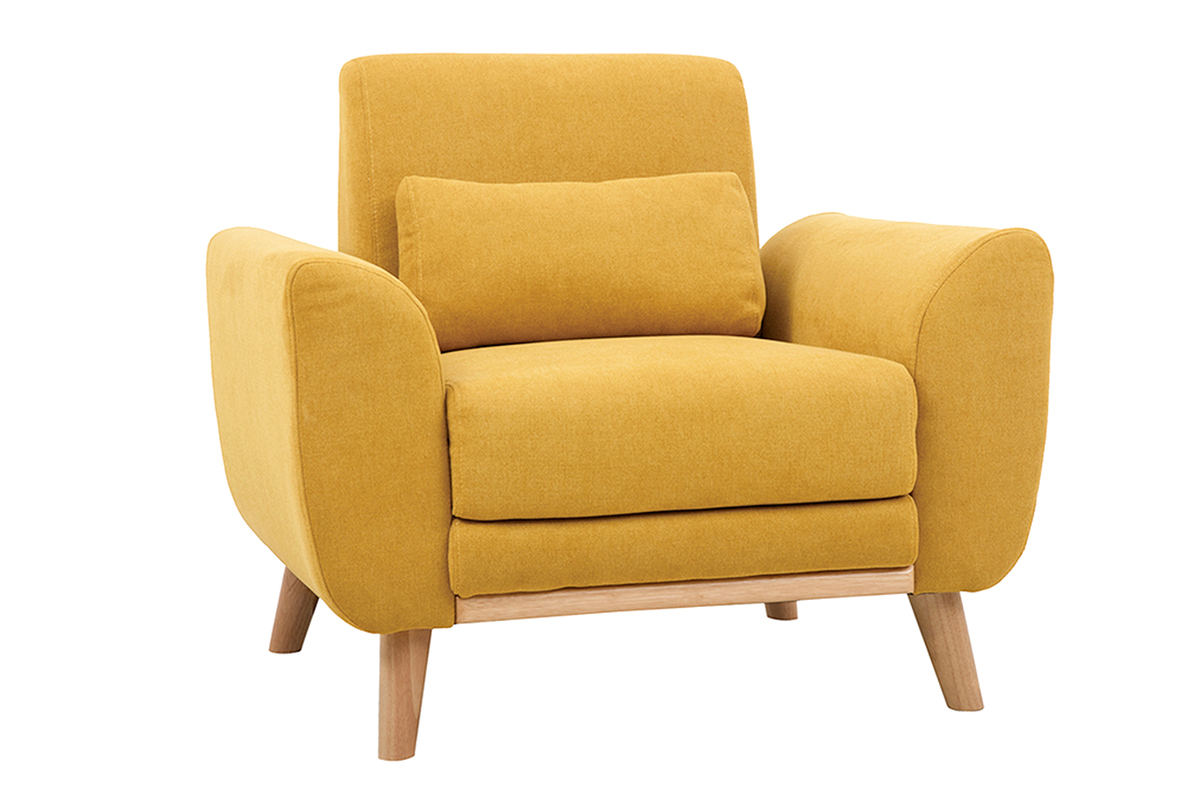 Fauteuil scandinave en tissu effet velours jaune moutarde et bois clair  EKTOR