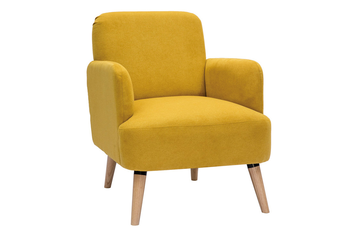 Fauteuil scandinave en tissu effet velours jaune moutarde et bois clair ISKO