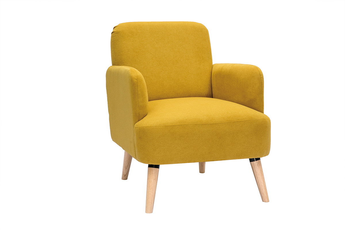 Fauteuil scandinave en tissu effet velours jaune moutarde et bois clair ISKO