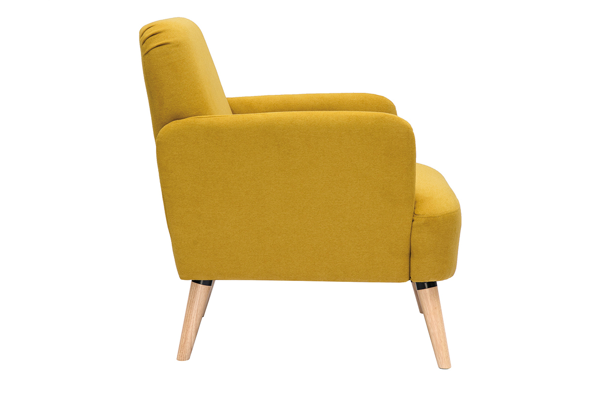 Fauteuil scandinave en tissu effet velours jaune moutarde et bois clair ISKO