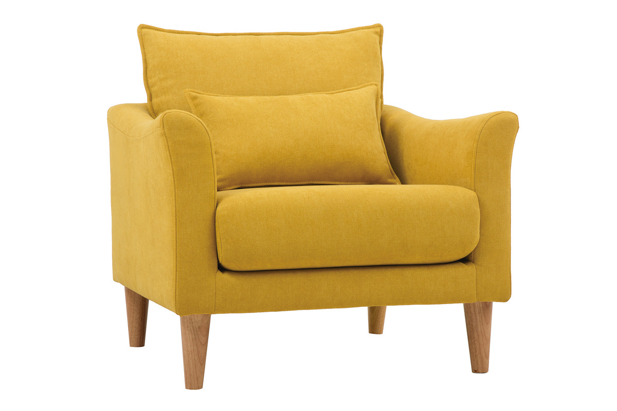 Fauteuil scandinave en tissu effet velours jaune moutarde et bois clair KATE