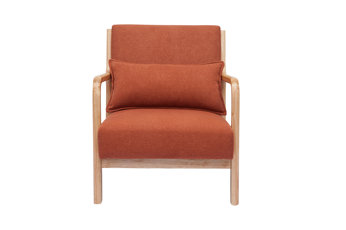 Fauteuil scandinave en tissu effet velours terre brle et bois clair massif DERRY