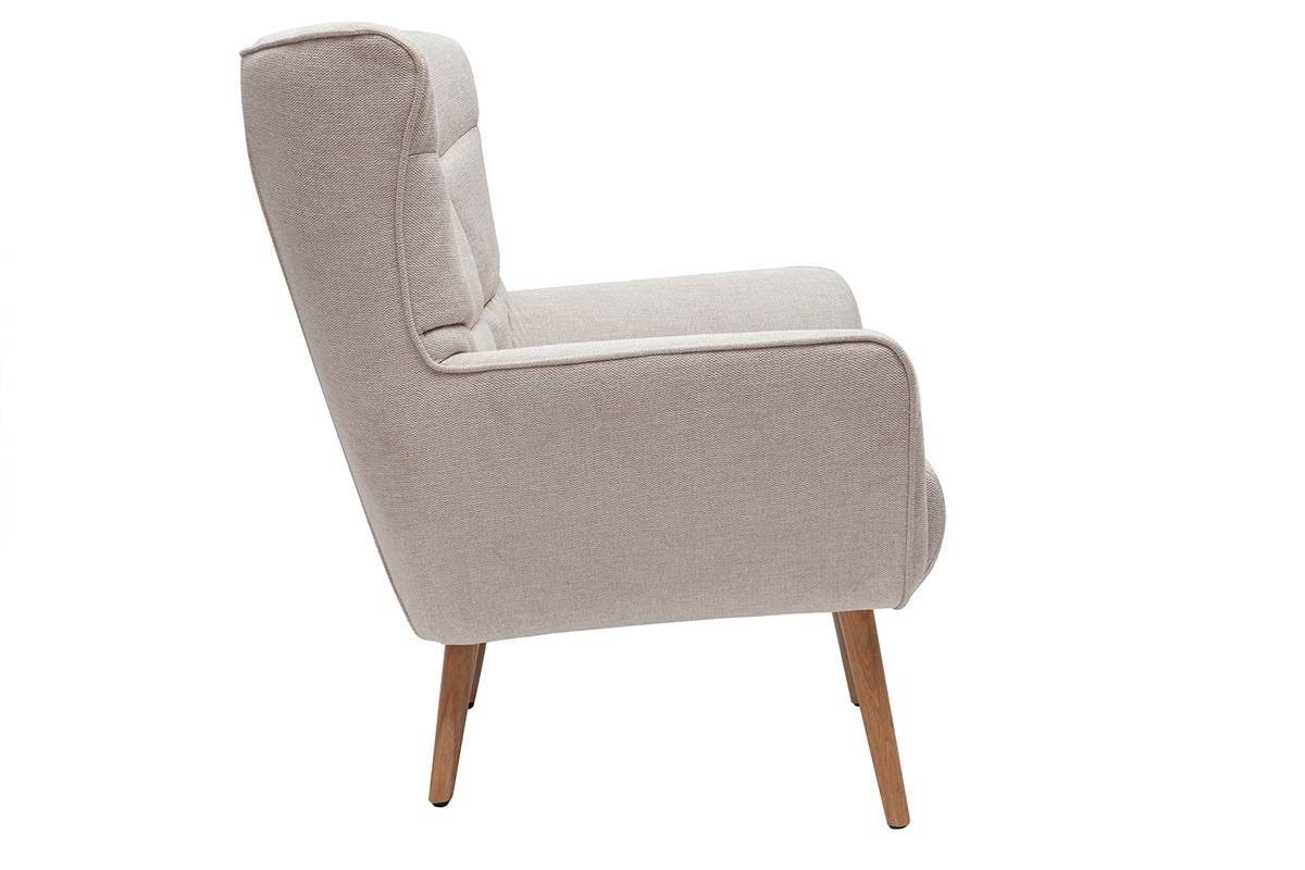 Fauteuil scandinave en tissu effet velours textur beige et bois clair AVERY