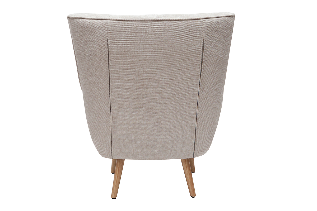 Fauteuil scandinave en tissu effet velours textur beige et bois clair AVERY