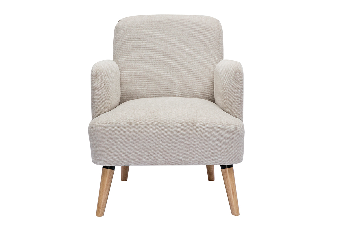 Fauteuil scandinave en tissu effet velours textur beige et bois clair ISKO