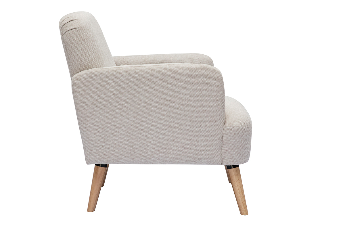 Fauteuil scandinave en tissu effet velours textur beige et bois clair ISKO