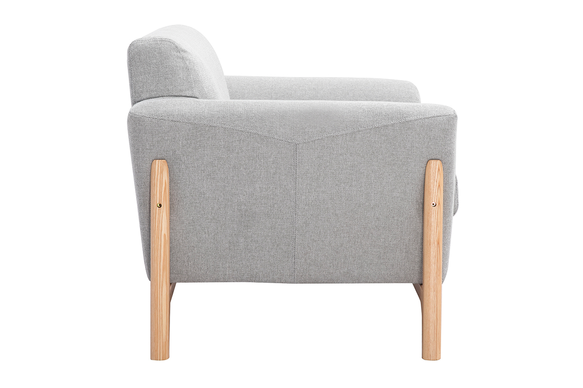 Fauteuil scandinave en tissu effet velours textur gris clair et bois clair ASAKO