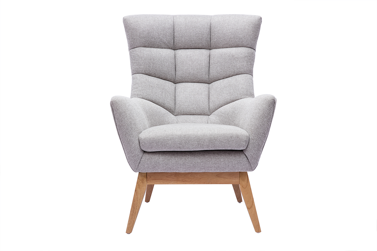 Fauteuil scandinave en tissu effet velours textur gris clair et bois clair BRODY