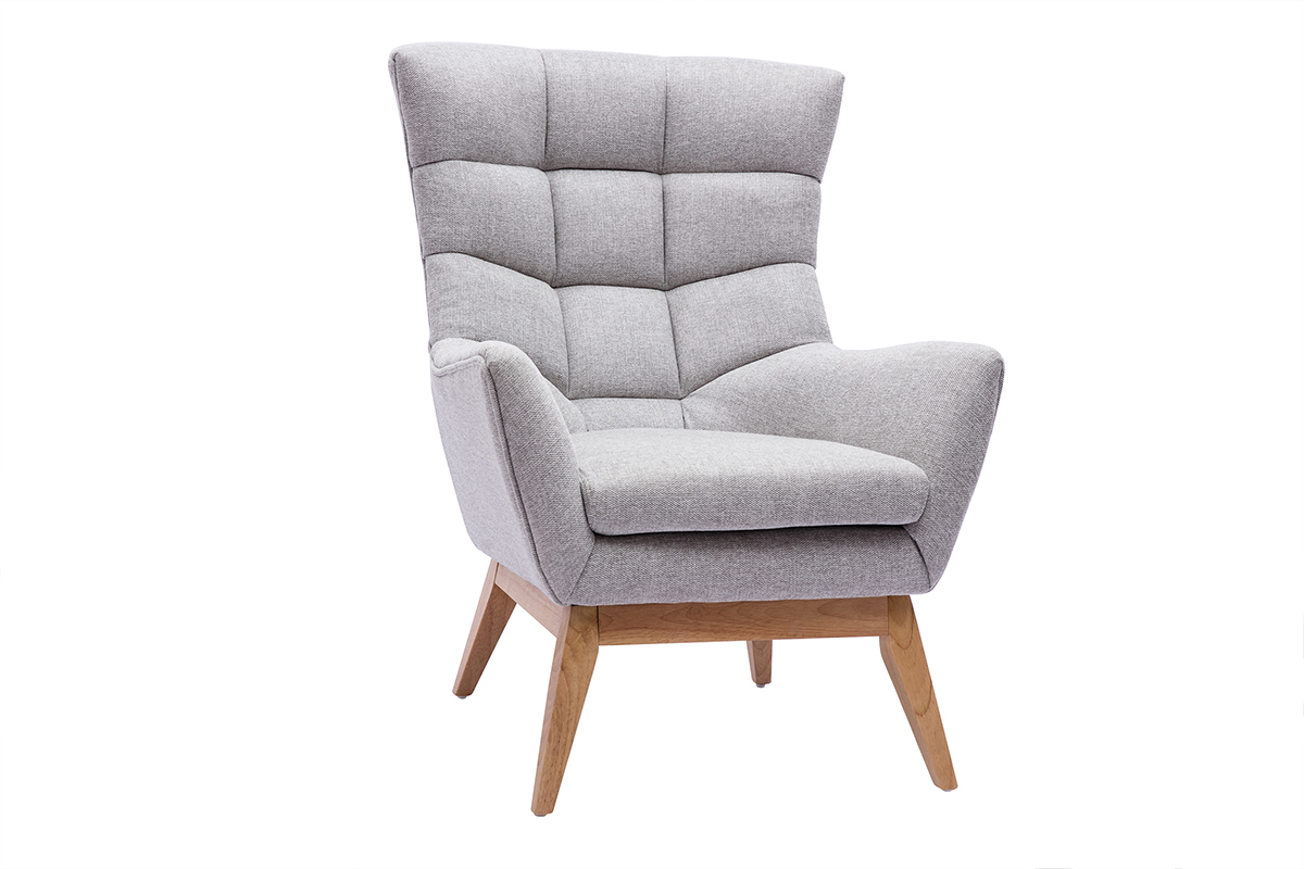 Fauteuil scandinave en tissu effet velours textur gris clair et bois clair BRODY