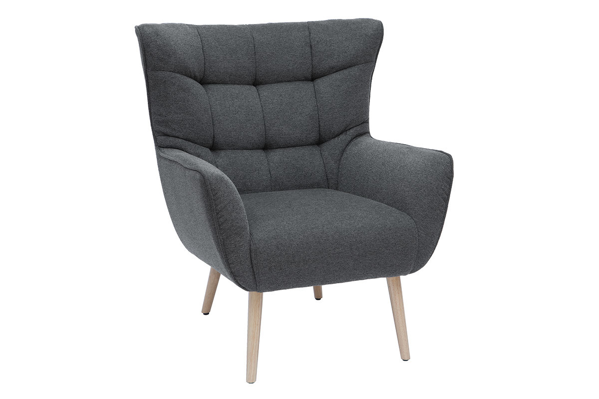 Fauteuil scandinave en tissu effet velours textur gris fonc et bois clair AVERY