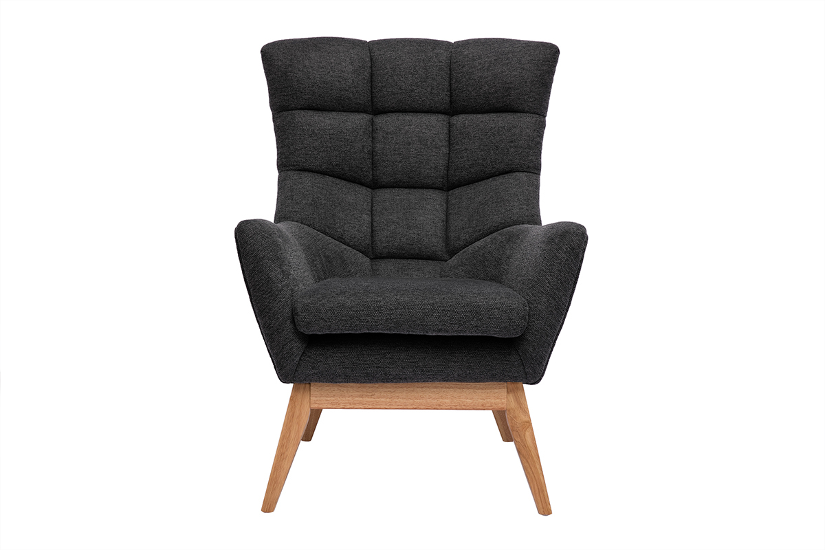 Fauteuil scandinave en tissu effet velours textur gris fonc et bois clair BRODY