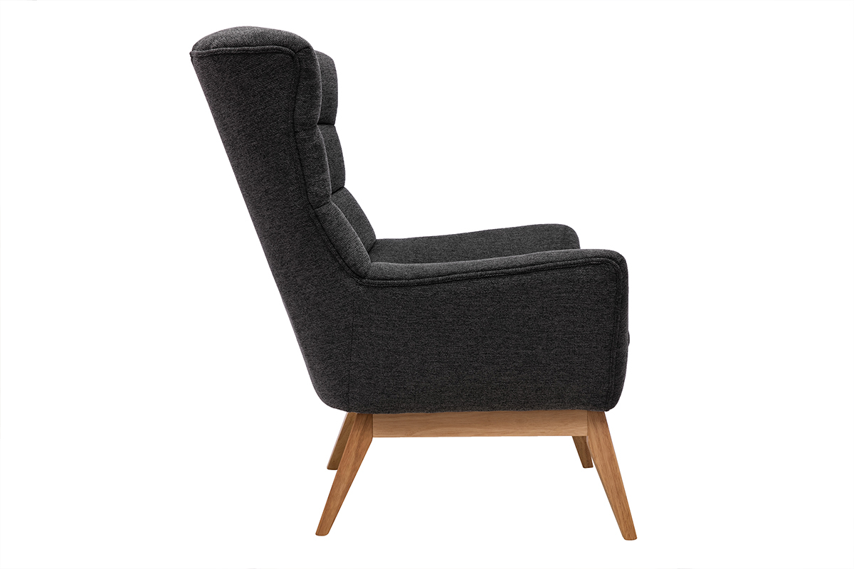 Fauteuil scandinave en tissu effet velours textur gris fonc et bois clair BRODY