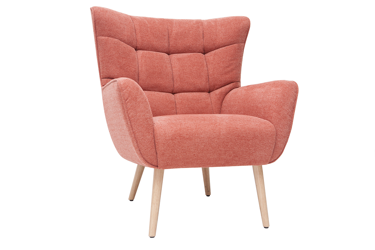 Fauteuil scandinave en tissu effet velours textur terracotta et bois clair AVERY