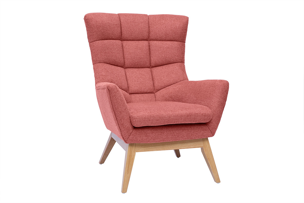 Fauteuil scandinave en tissu effet velours textur terracotta et bois clair BRODY