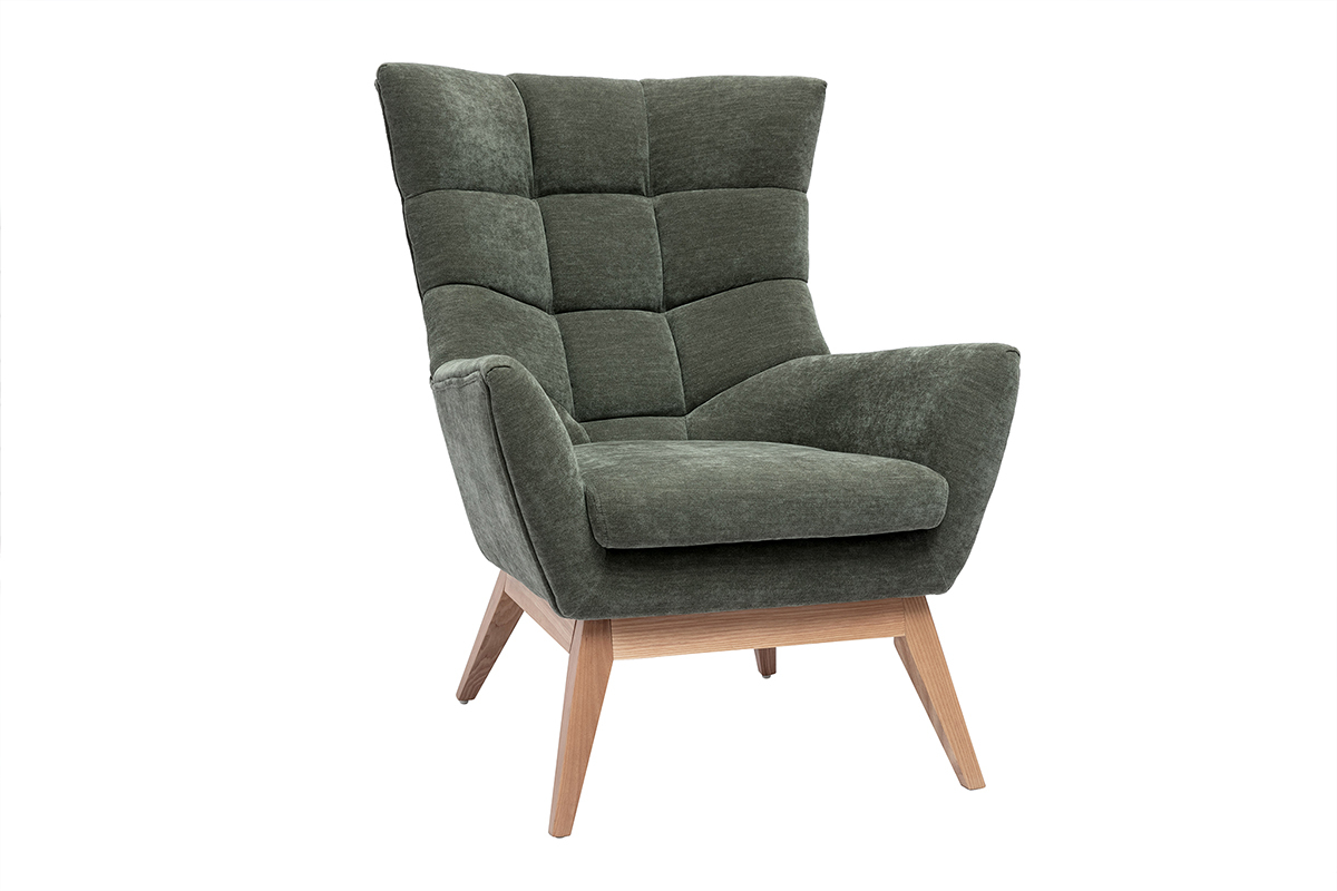 Fauteuil scandinave en tissu effet velours vert kaki et bois clair BRODY