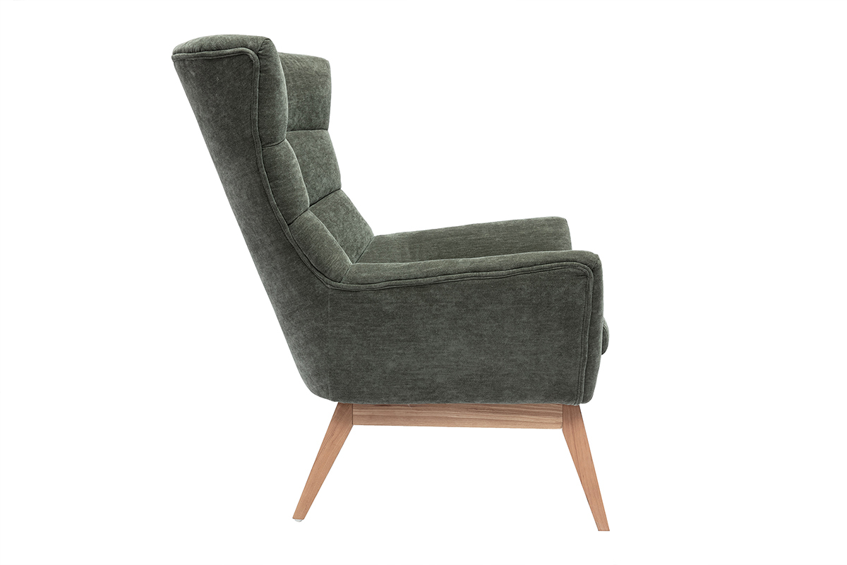 Fauteuil scandinave en tissu effet velours vert kaki et bois clair BRODY