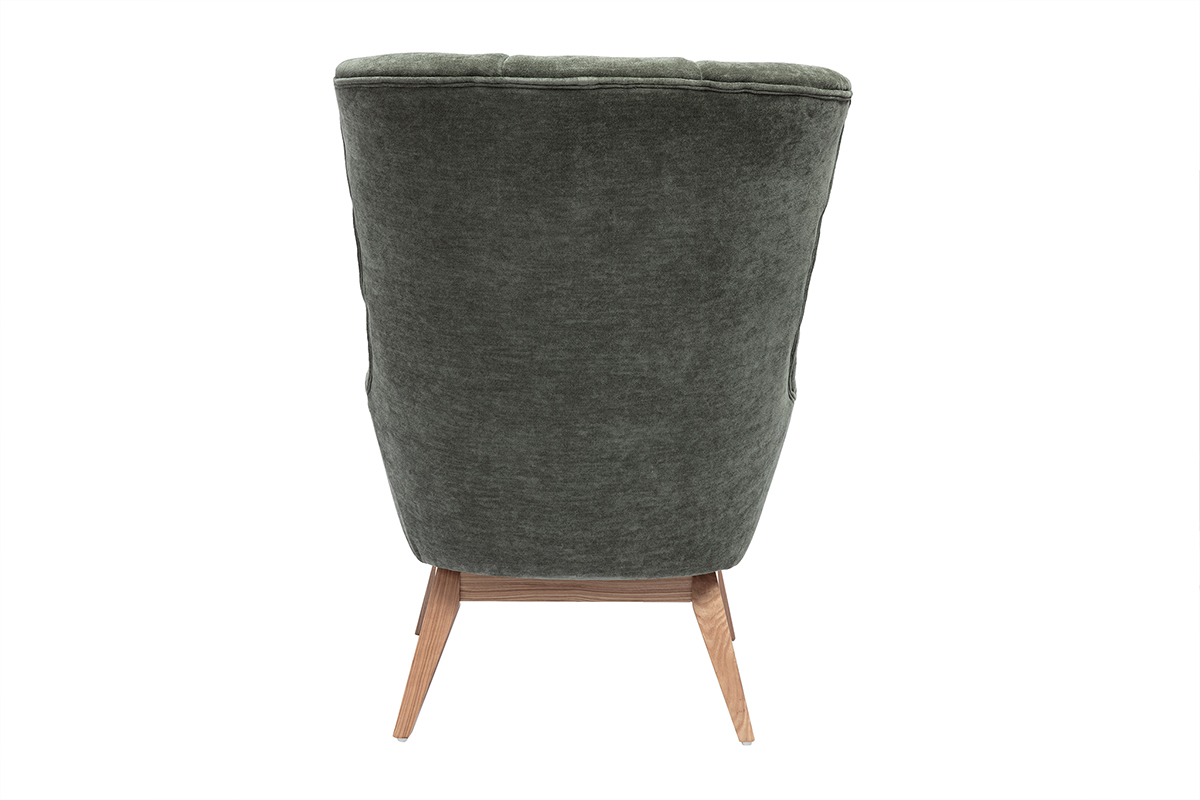 Fauteuil scandinave en tissu effet velours vert kaki et bois clair BRODY