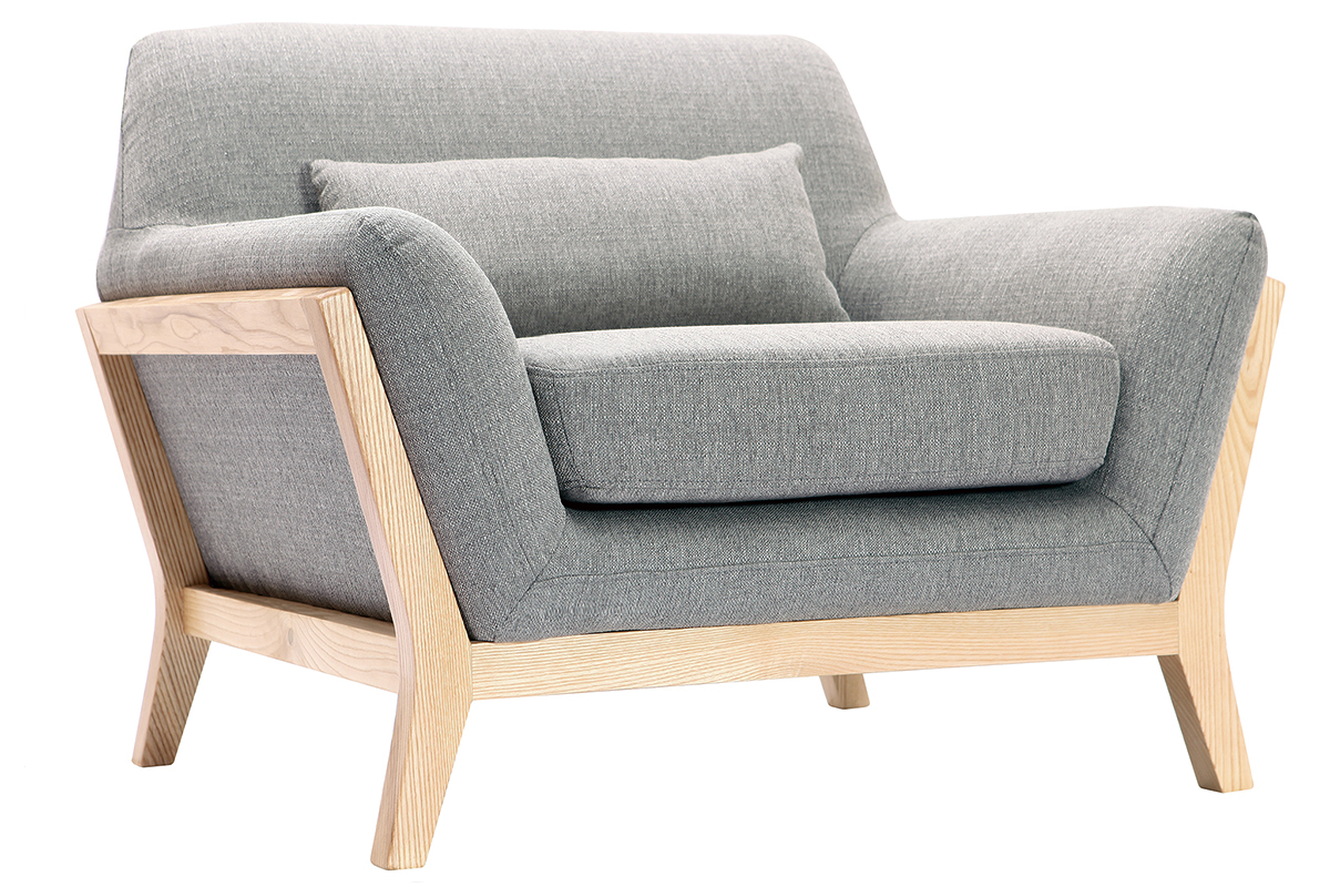 Fauteuil scandinave en tissu gris et bois clair massif YOKO