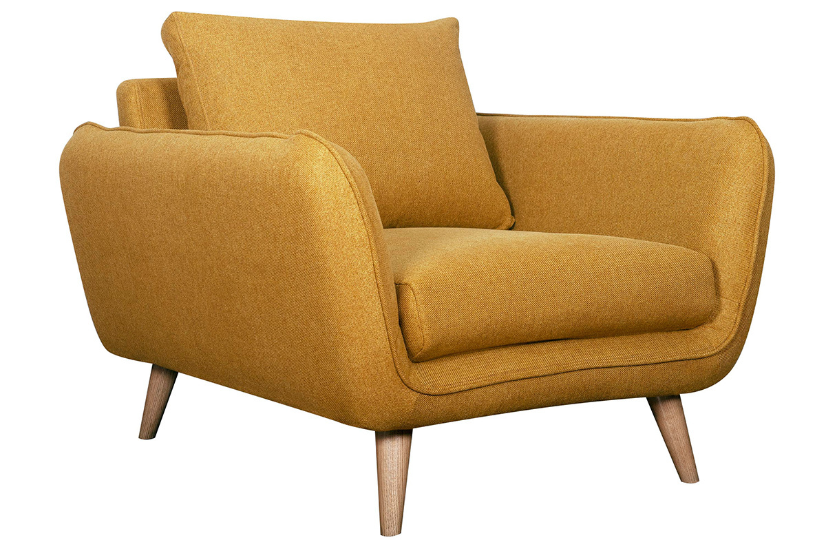 Fauteuil scandinave en tissu jaune cumin et bois clair CREEP