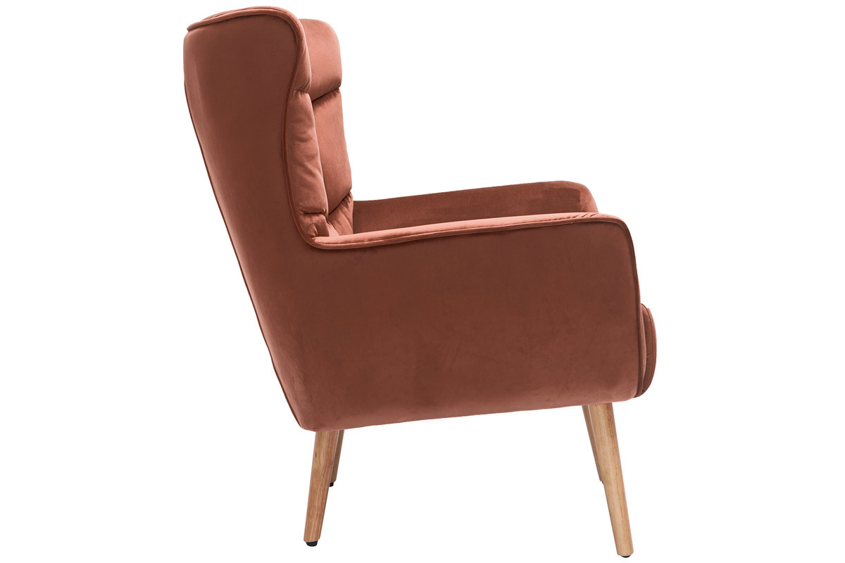 Fauteuil scandinave en tissu velours rouge tomette et bois clair AVERY